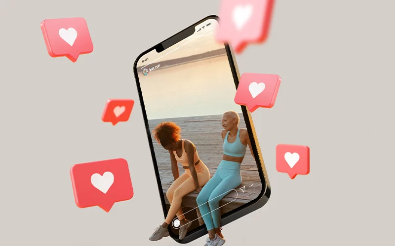 instagram hearts and a mobile floating